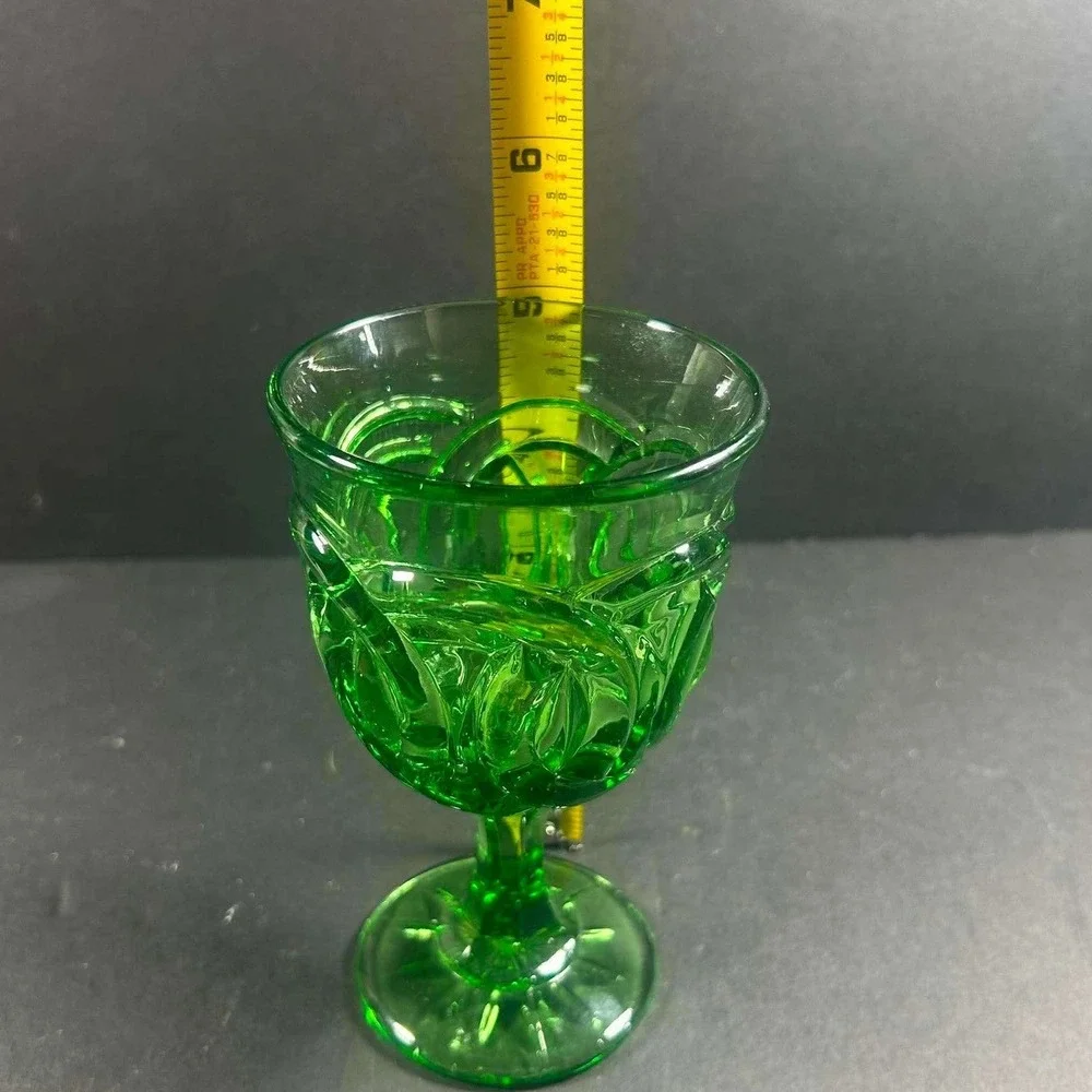 LG Wright Double Ring Goblet Green Vintage Pressed Glass Wine Water Glass